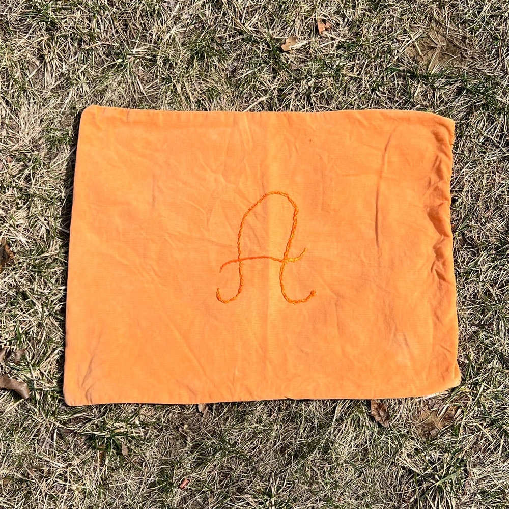 Vintage “A” Orange Corduroy Embroidered Pillowcase with Zipper